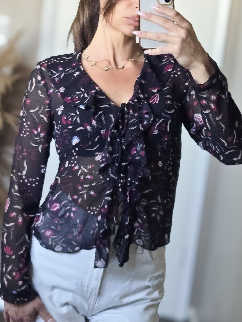 Muse Republic Clothing Sheer Floral Ruffle Tie Front Blouse XS Feminine Summer